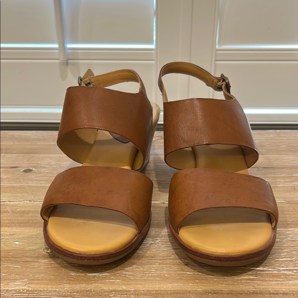 Kork-Ease Brown Leather Two-Strap Sandals with Buckle